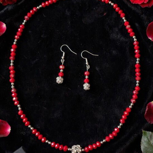 Handmade crystal beaded red and silver elegant jewelry set