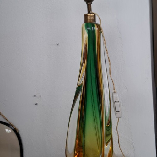 Murano Sommerso Table Lamp used, hand-blown green and amber glass with brass ring