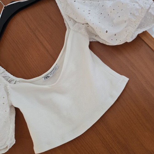Zara white off-shoulder crop top with puffed eyelet sleeves
