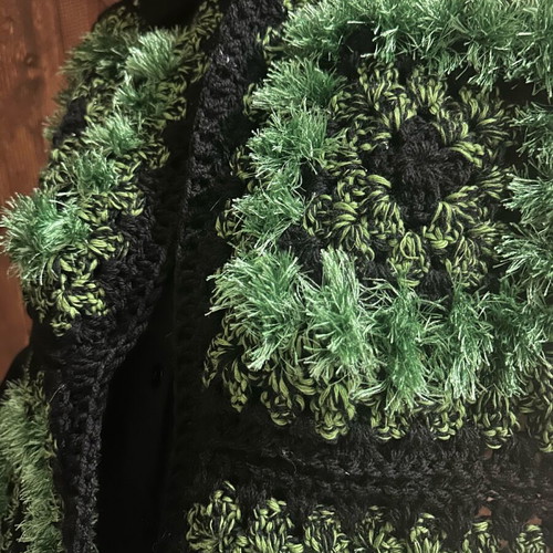 Handmade knitted scarf new with granny squares in black and green