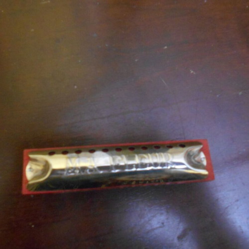 Wooden double tambourine used, diameters 16 and 13 cm with 3 unused Czechoslovak harmonicas from 1950s