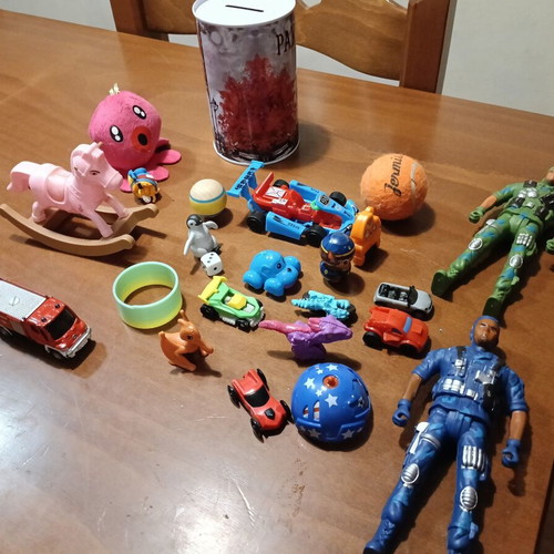 Various toys with piggy bank used