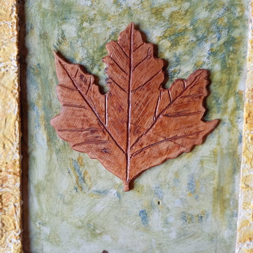 Carved relief leaf wooden wall art, handmade
