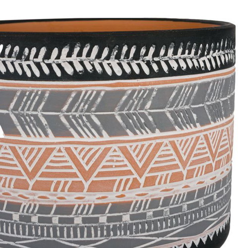 Ceramic round flowerpot gray black with embossed ethnic design new