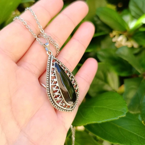 Handmade women's stainless steel necklace with teardrop pendant and black enamel new
