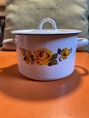 Enamel pot with lid used, vintage floral design