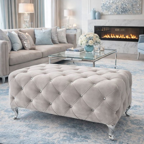 Ottoman upholstered with gray velvet and crystal buttons, new