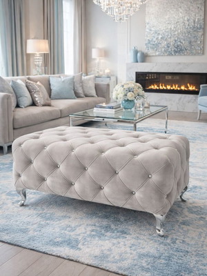 Ottoman upholstered with gray velvet and crystal buttons, new