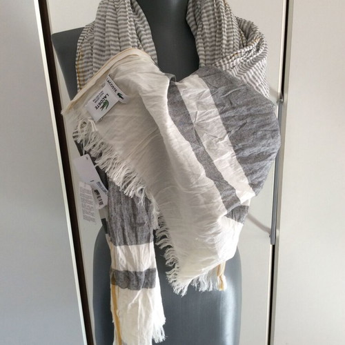 Lacoste Striped Scarf New Grey White Yellow Cotton
