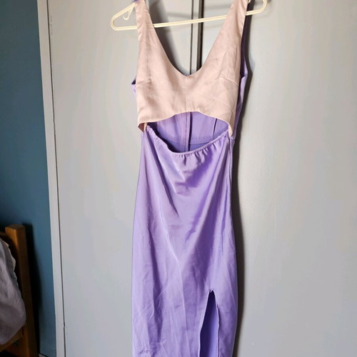 Satin dress like new with thigh and belly cutouts, small multicolor