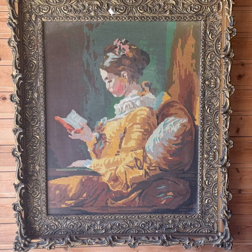 Embroidered antique textile painting used, framed 75x90cm