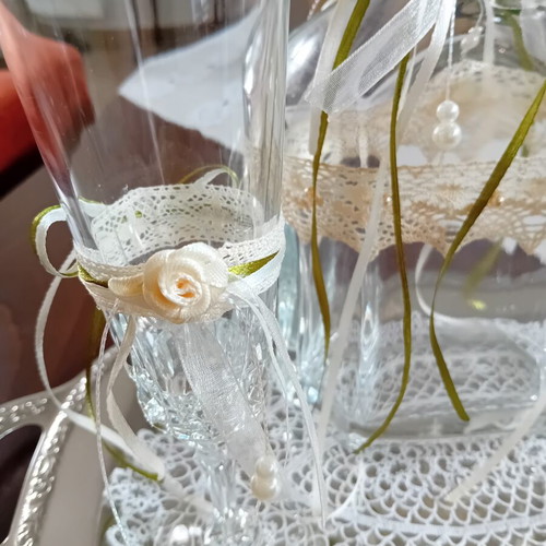 Crystal carafe with 2 decorated glasses for wedding crowning set like new