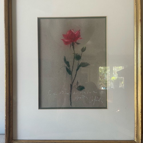 Wax pastel artwork Red Rose with dedication by Michalis Vafeiadis like new