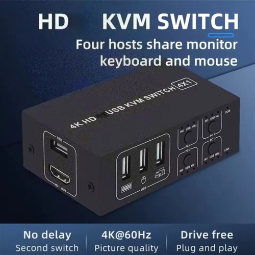 KVM switch for up to 4 PCs with monitor, keyboard, and mouse