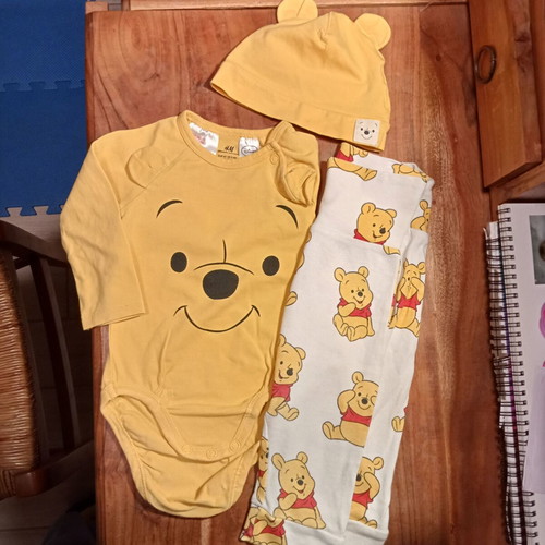 H&M Winnie the Pooh baby set like new, long-sleeve bodysuit, pants, hat 62 cm