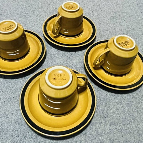 Retro ceramic cup set used, 4 pieces mustard yellow with black rim