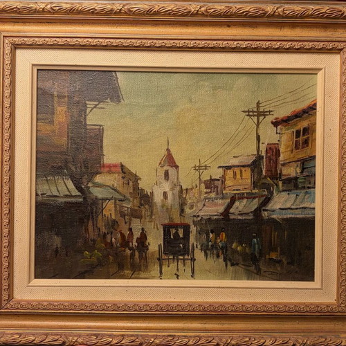 Oil painting on canvas like new with frame, colonial landscape