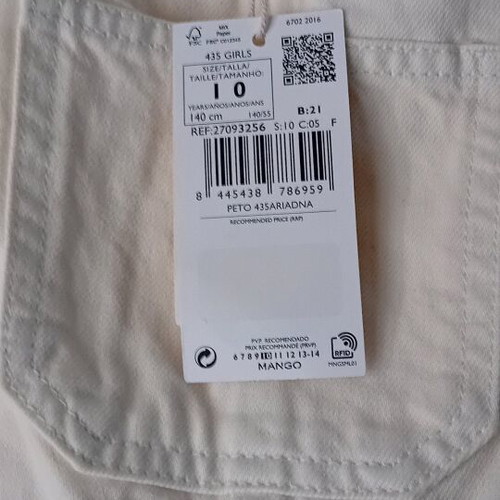 Mango girls' beige-white denim overalls new for 10 years old