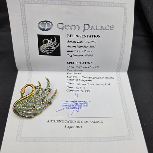Swan Brooch 925 Silver with Chrome Diopside, Amethyst & Pink Sapphire like new