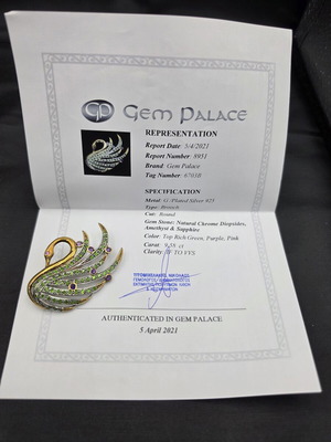 Swan Brooch 925 Silver with Chrome Diopside, Amethyst & Pink Sapphire like new