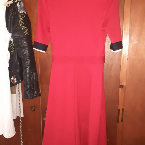 Tommy Hilfiger red dress with V neck and blue and white sleeve stripes, like new
