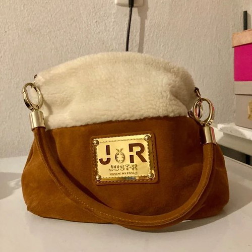 Justor leather shoulder bag like new, brown with fur trim