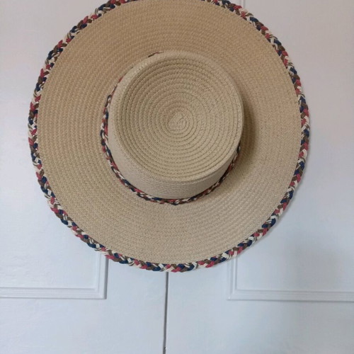Straw hat new with decorative ribbon, size 57, beige multicolor