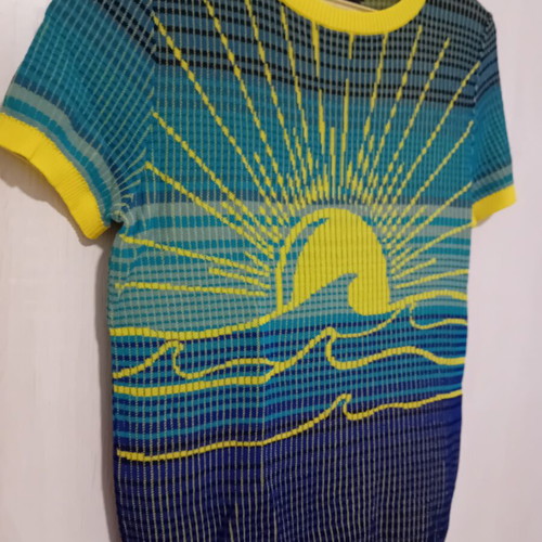 Desigual knitted short-sleeve blouse Small 36 like new, blue and yellow
