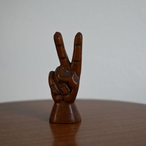 Handmade wooden sculpture hand V sign used, 6 cm