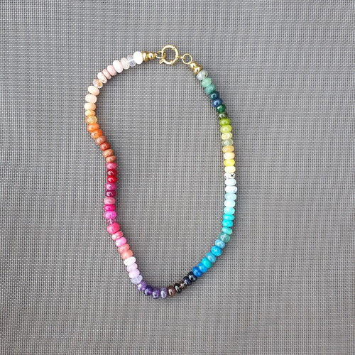 Rainbow Multicolour Semi-Precious Stone Beaded Necklace with Gold Tone Clasp