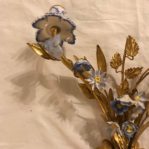 Antique wall lights used, set of 2 with porcelain flowers