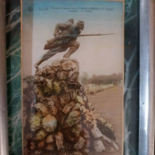 Set of old serving tray with Belgian postcards and Russian museum guides used