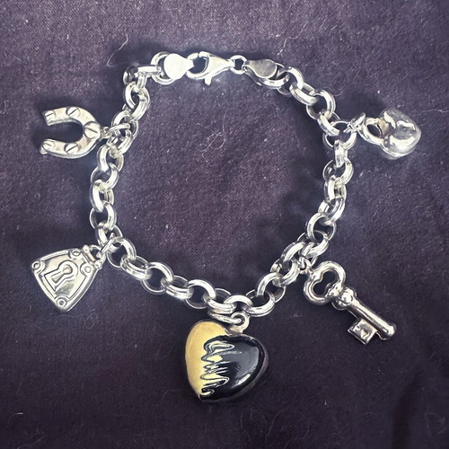Vintage silver 925 bracelet with charms and ceramic heart used