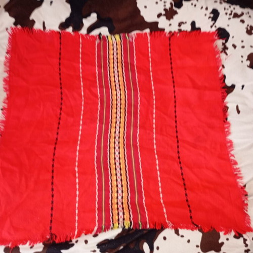 Folk tablecloth used, square soft with traditional Bulgarian motifs and fringes