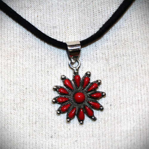 Pendant necklace with raw red coral and 925 sterling silver Navajo Indian