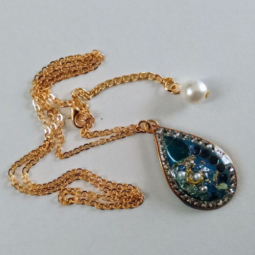 Handmade necklace blue and gold with pearl and rhinestones, new