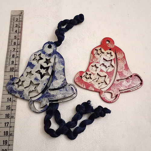 Wooden bell elements used, set of 2, blue and red with silver details