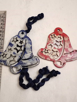 Wooden bell elements used, set of 2, blue and red with silver details