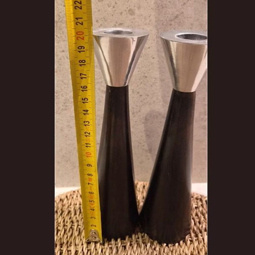 Set of 2 Vintage Wooden Candle Holders with Aluminium, Scandinavian Design