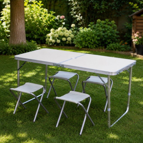 Folding table with 4 chairs and umbrella hole, new, white