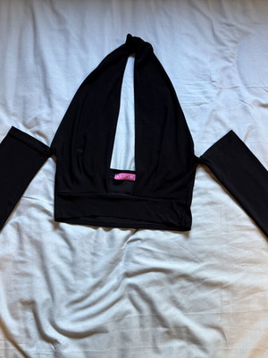 Black evening top like new, open neck and back with sleeves