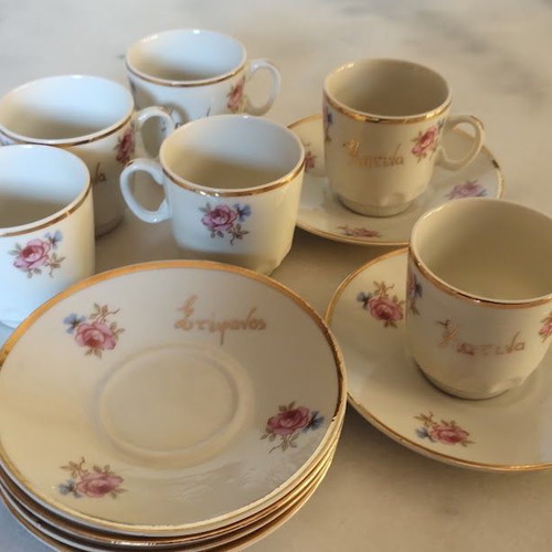 Porcelain Coffee Cups Set "Stefanos & Katina" Vintage 6 pcs