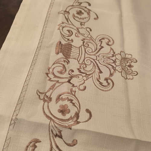 Table runner with embroidery new, white with brown embroidery