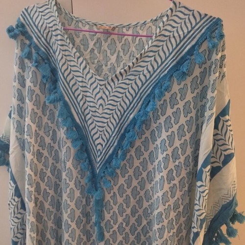 Long caftan new, white-turquoise, one size