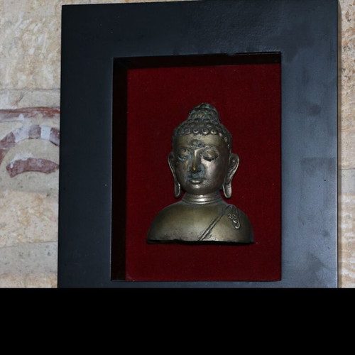 Bronze Buddha Bust in Wooden Black Frame new