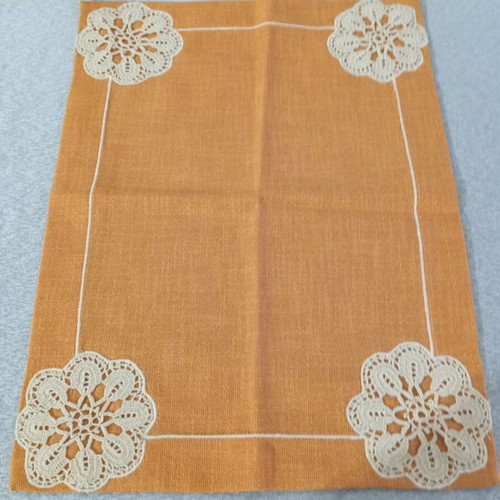 Table linens with hand crochet design, new, set of 2 orange with beige