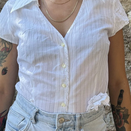 Zara white striped short-sleeve shirt with cord