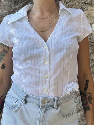 Zara white striped short-sleeve shirt with cord