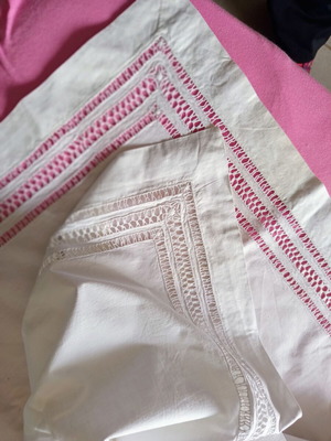 Vintage white cotton bedsheet with rich ajour lace on 3 sides, like new