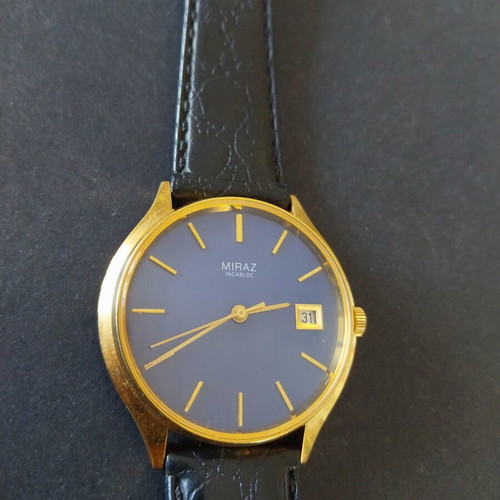 Miraz Swiss vintage men's wind-up watch NOS, gold plated, blue dial, leather strap 38mm